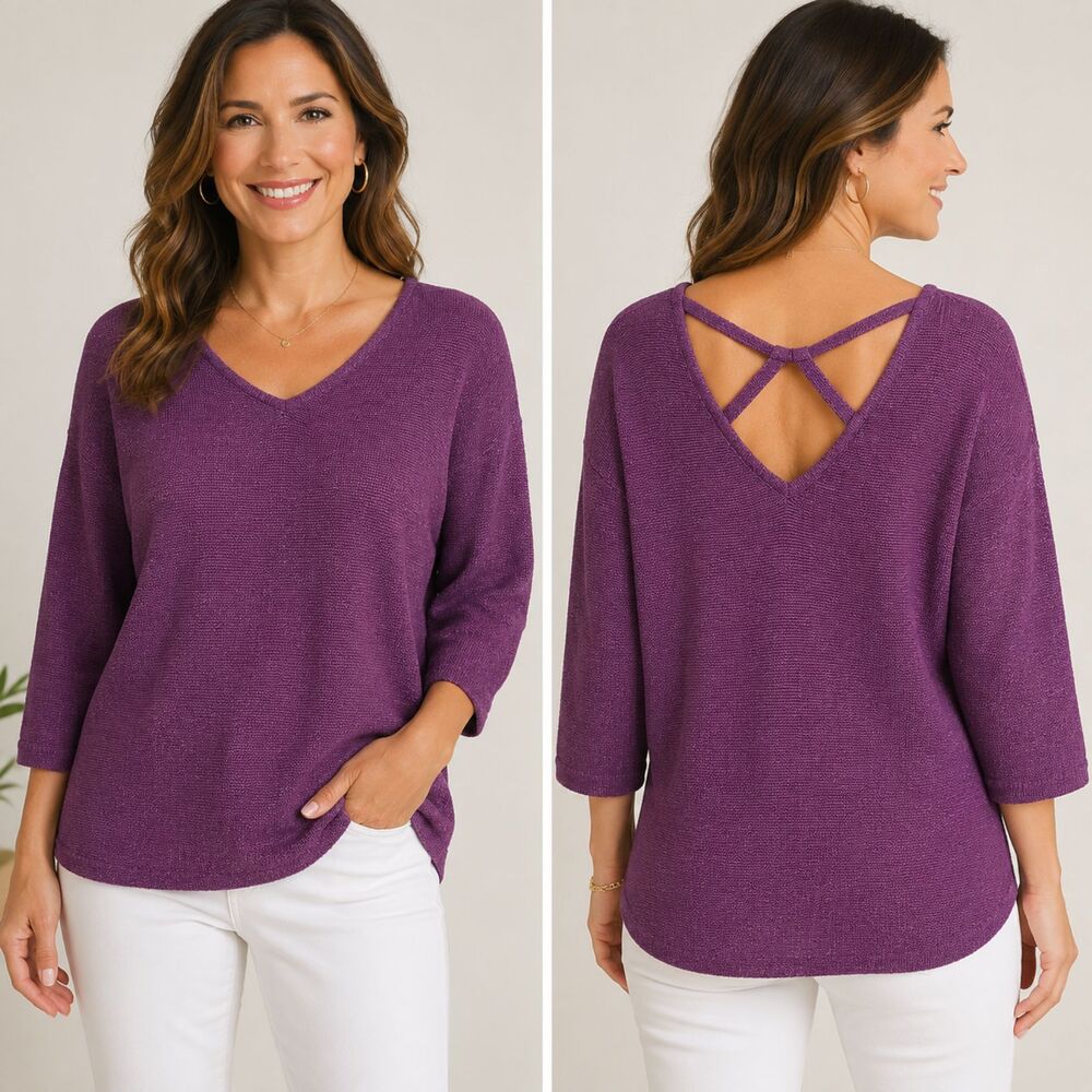 Chico’s 1 Medium Purple Open Back Criss Cross Knit 3/4 Sleeve Sweater
